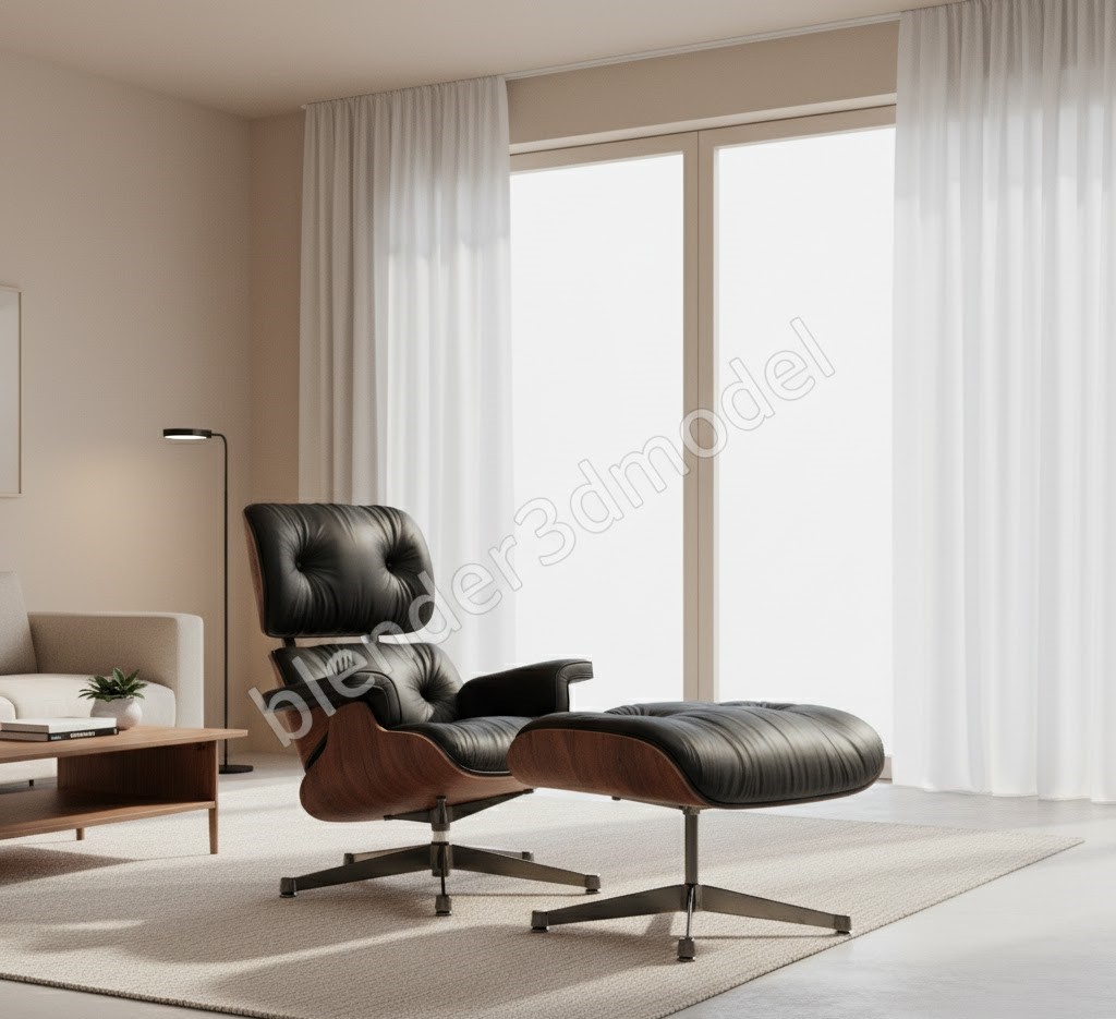 iconic Mid-Century Eames Style Lounge Chair & Ottoman 3D Model Blender/Cycles