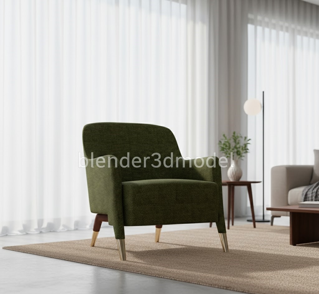 Elegant Green Textured Fabric Armchair with Metal Legs 3D Model (Blender/Cycles