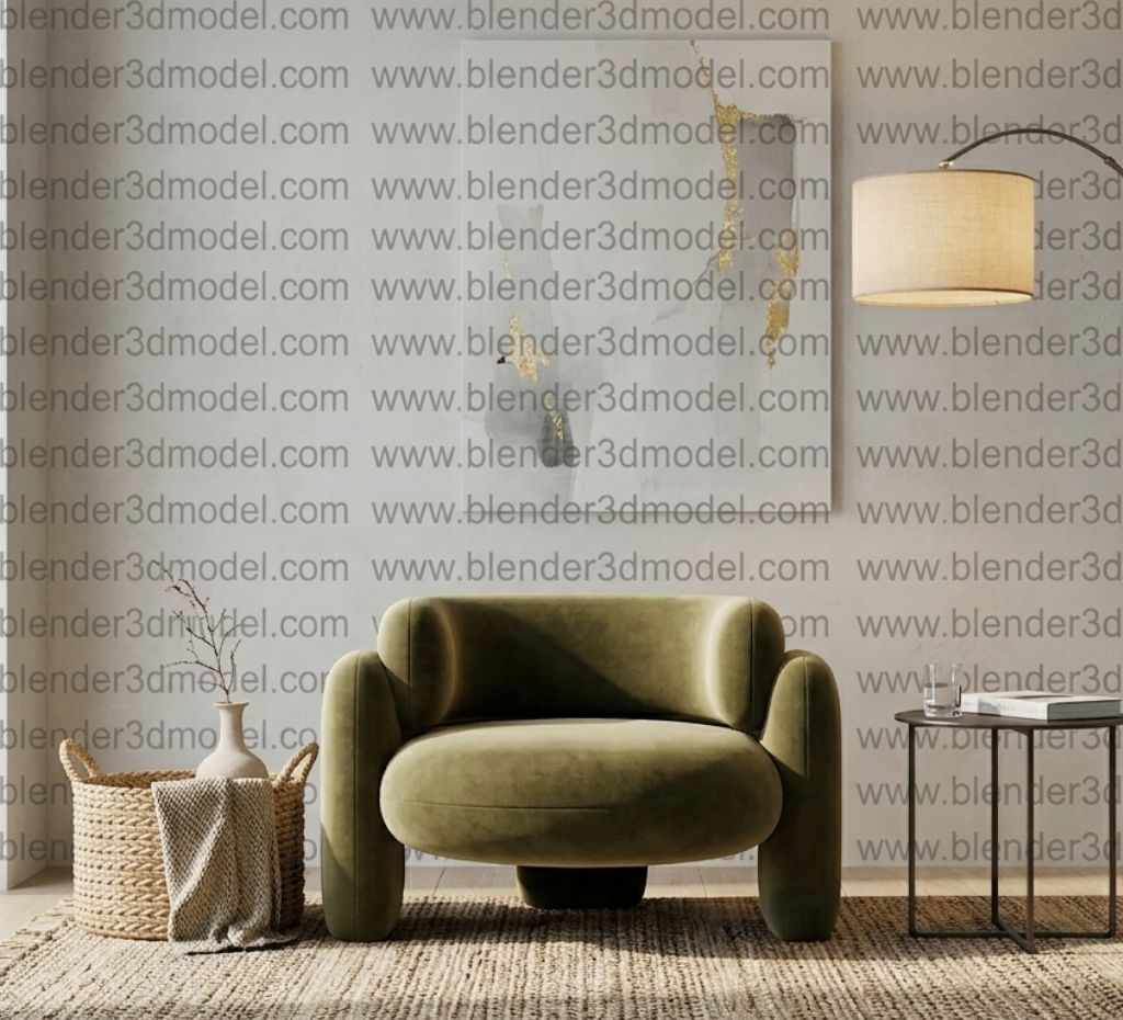 Modern Velvet Curved Armchair - High-Poly 3D Model for Interior Visualization