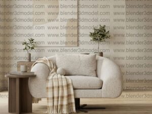 Minimalist Curved Teddy Armchair with Throw Blanket - 3D Asset for Blender