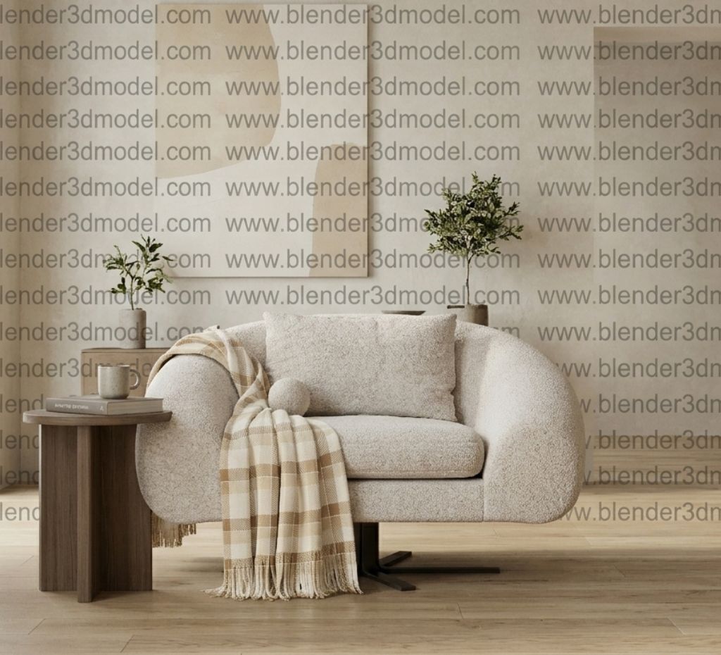Minimalist Curved Teddy Armchair with Throw Blanket - 3D Asset for Blender